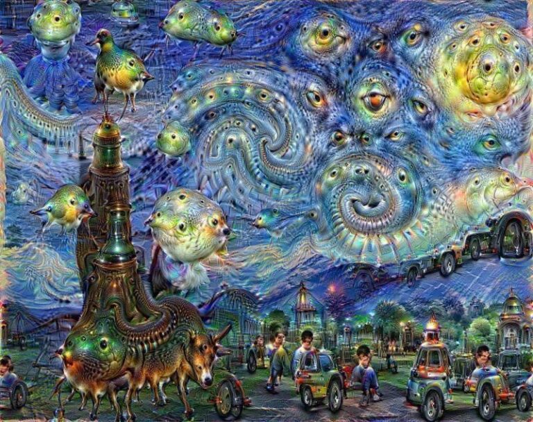 An abstract depiction surrounded by swirling, chaotic patterns, symbolizing creativity and unpredictability, contrasted with a clean, structured representation of AI.